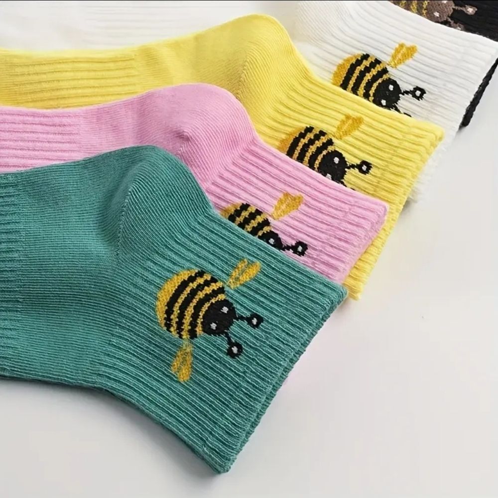 Colorful Bee Embroidered Ribbed Socks Set Ankle Socks - Picture 4 of 6